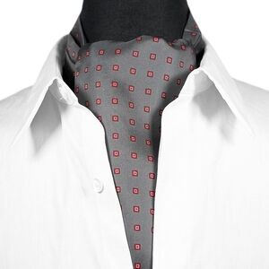 Mens 100% Silk Ascot Cravat Gray Geometric Red Formal Wedding Necktie Scarf